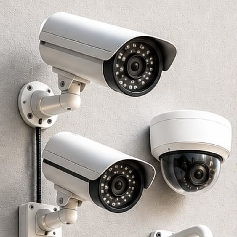 Three wall-mounted CCTV bullet and dome cameras