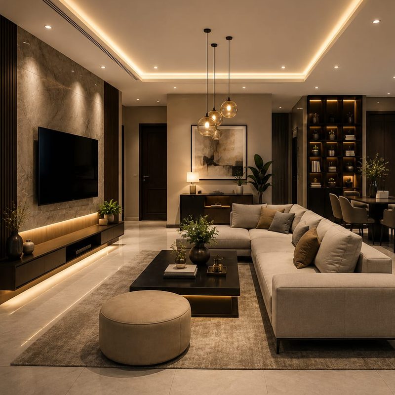 Elegant modern living room with a sectional sofa, warm ambient lighting and a feature wall