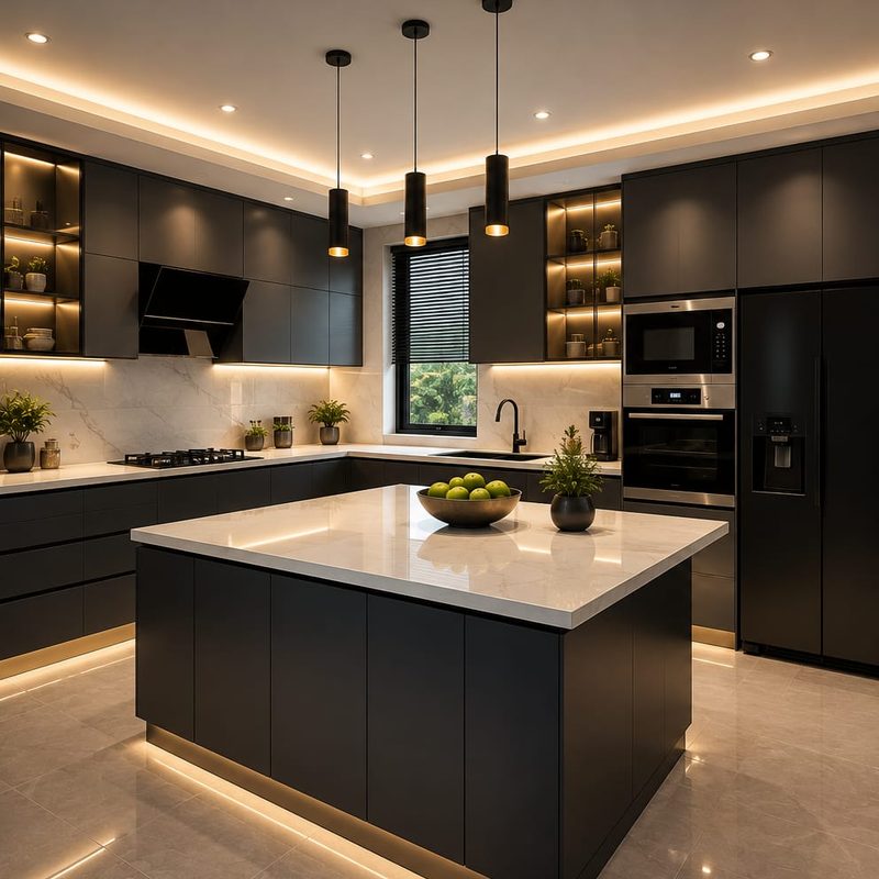 Modern modular kitchen with a dark cabinet finish, marble countertop and central island