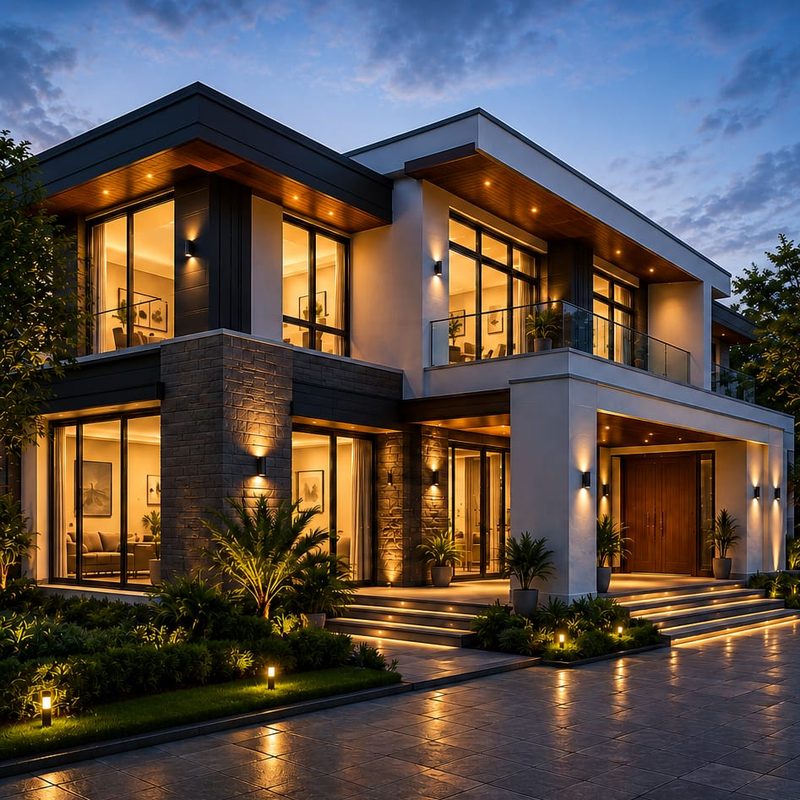 Modern two-storey villa exterior lit up at dusk with landscaped entrance